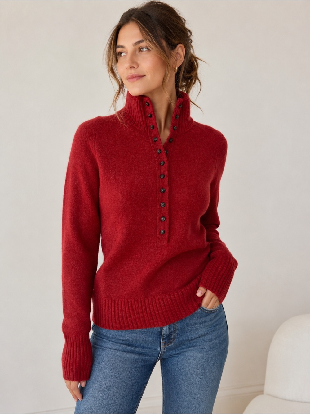 Banana Republic Wool Angora Rabbit Hair Mock Neck Button Sweater Red Cozy Luxury